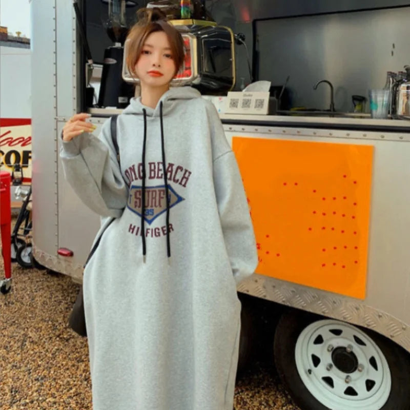 Plus Size Women's Fleece Hooded Dresses Autumn Winter Retro America Oversizes Sweatshirt Long Sleeve A-Line Midi Dress Maternity