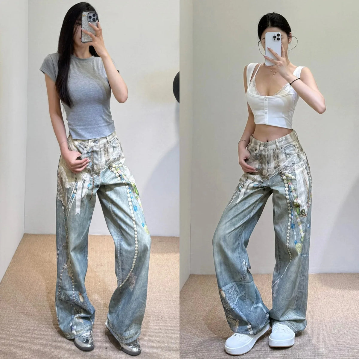 Y2k Jeans Baggy Fashion Product 3D Printed Lace Pearl Chain Straight Tube Women Pants High Waisted Jeans Pants for Woman