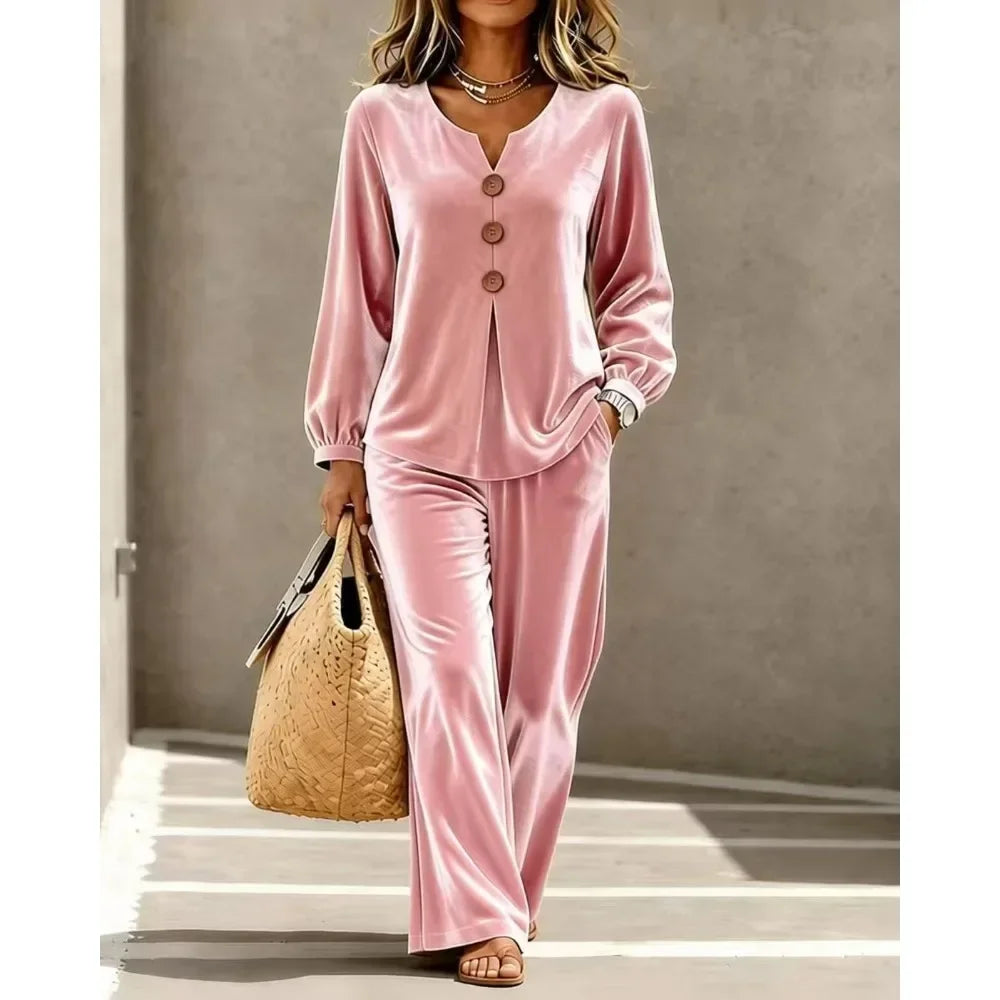 Women Velvet V Neck Long Sleeve Loose Pants Two Piece Set Casual Matching Set Ladies High Waist Soft Minimalist Chic Streetwear
