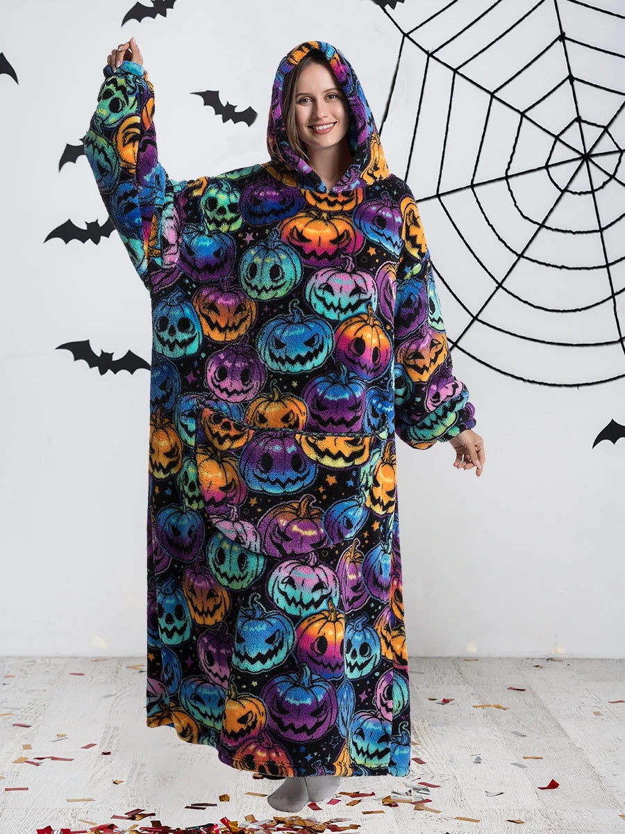 Plus Size Hoodies Women Halloween Cosplay Costume Wearable TV Blankets Pumpkin Halloween Oversized Pullovers Plus Size Clothing