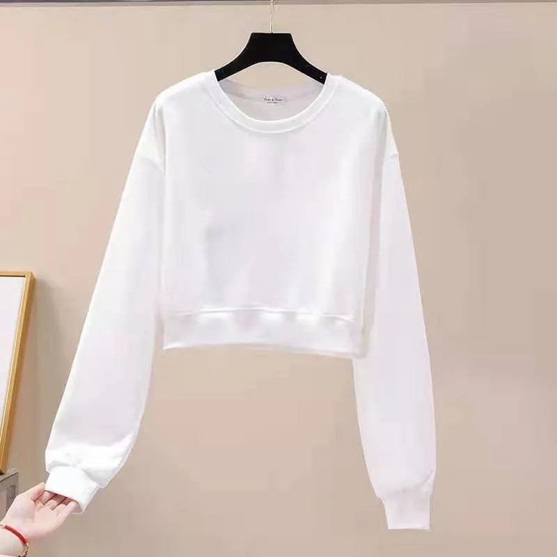Sweatshirt Slimming High Waist Short Sweatshirt Women's Loose Casual Long Sleeve Hoodie round Neck Thin Top Female Fashion Autumn Wear