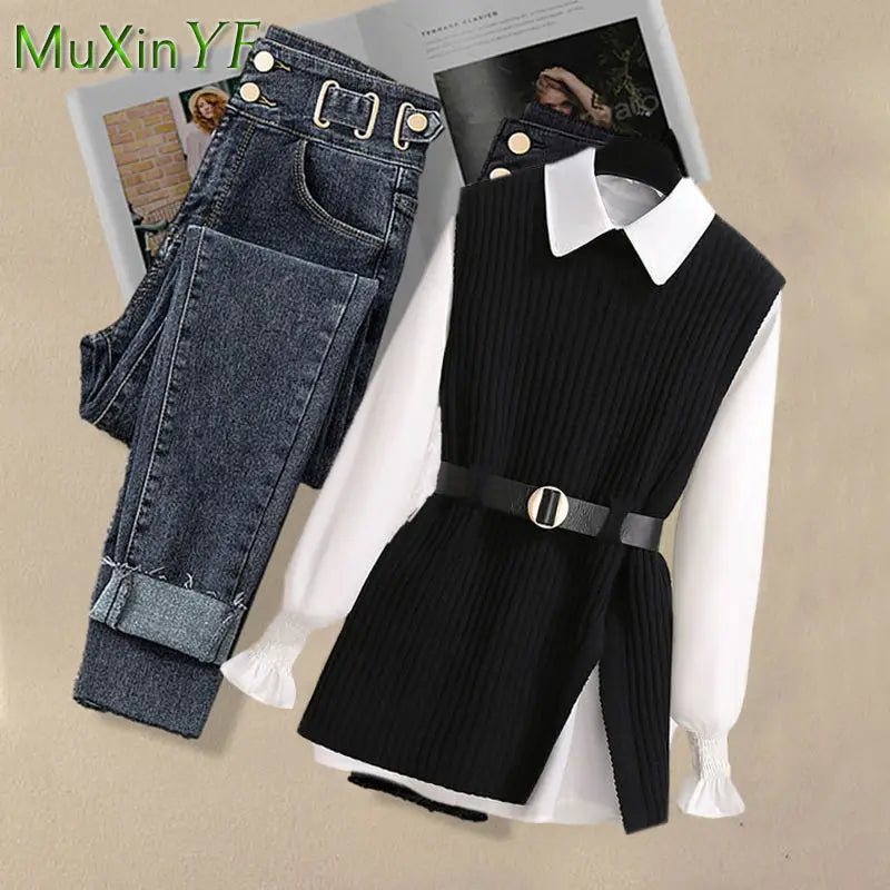 2026 Spring Korean Elegant in Matching Set Women's Fashion Knitted Vest+Shirt+Jeans Three Piece Female Chic Denim Pants Suit
