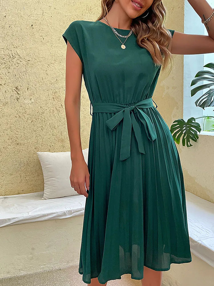 Casual Dress Pleated Elegant Women Summer Casual Beach Sundress Short Sleeve Pleated Midi Dress Soild Colour O Neck Tunic Dresses Fashion