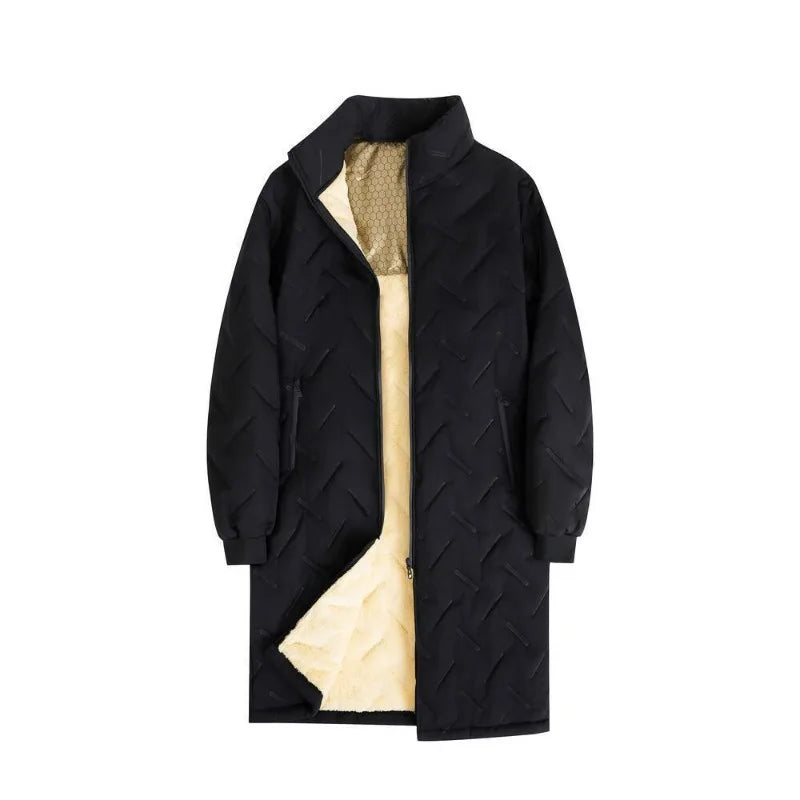 KIDWHXR Fleece Jacket Man Winter Thicken Windproof Mid Length Men Parkas Stand Collar Long Sleeve Male Outdoor Casual Coat