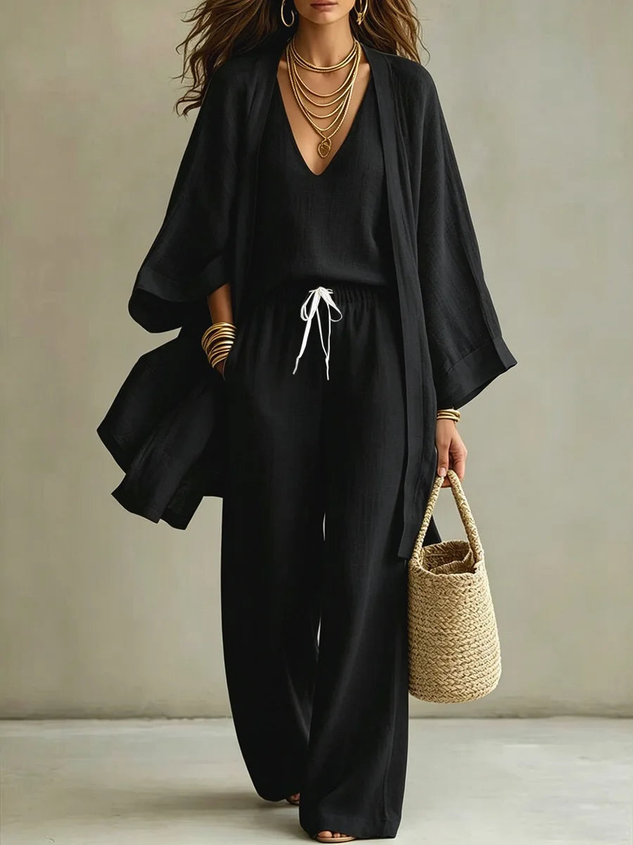 2026 Loose Wide Leg Pants Cardigan Three Piece Set Women's Fashion Outfit Spring Season Four Seasons Universal Size
