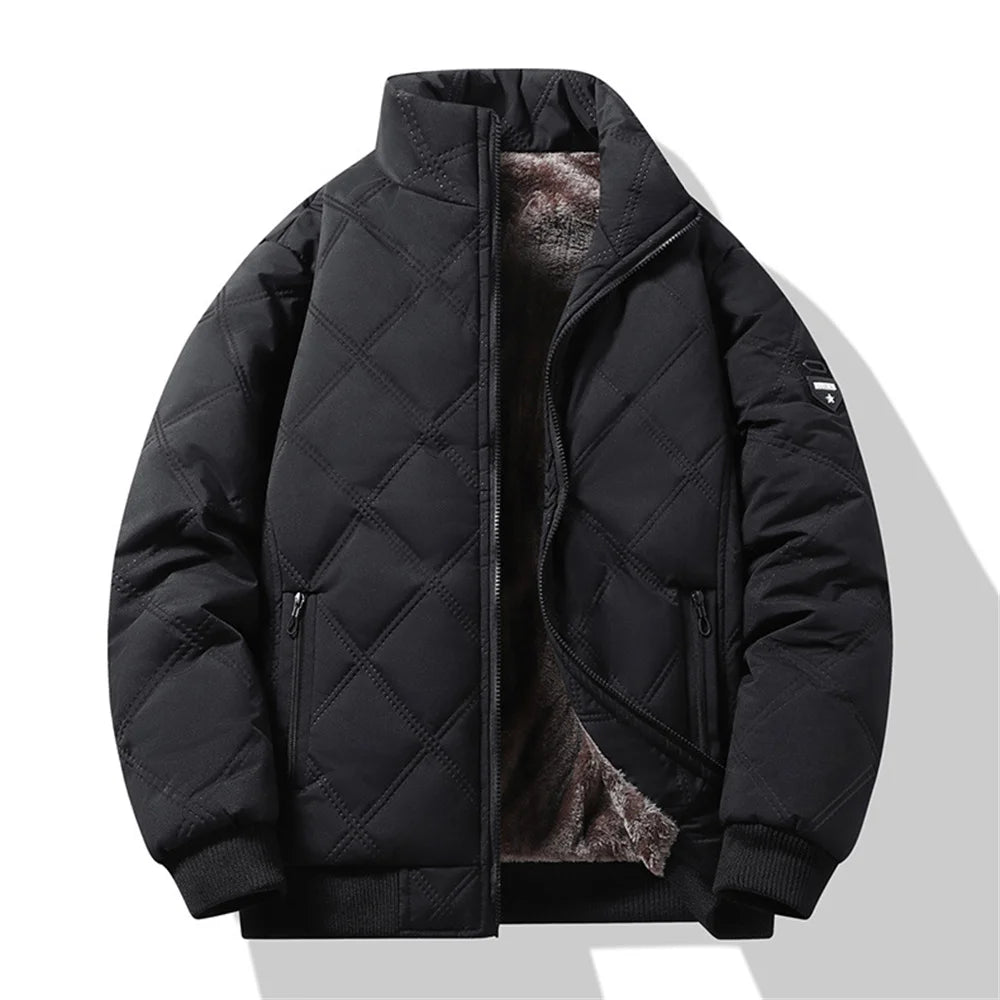 Windproof Thermal Diamond Quilted Jacket Men Winter Men's Fleece-Lined Thickened Parkas Man Cuff Design Stand-Up Collar Jackets