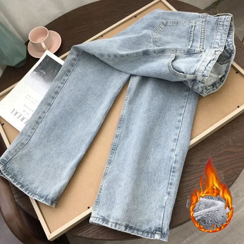 Winter Lady Fashion Snow Warm Plush Thin Jeans Girls Korean Basic High Waist Trousers Women Fleece Thermal Denim Pants