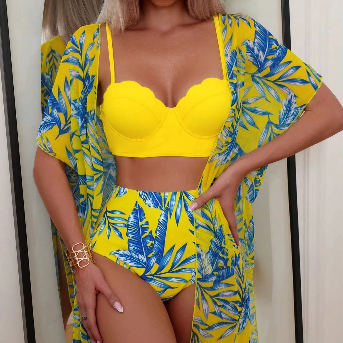Floral Print Three Pieces Bikini Set Cover Up Women Swimsuit Print Long Sleeve Swimwear Biquini Bathing Suit 2025 Summer
