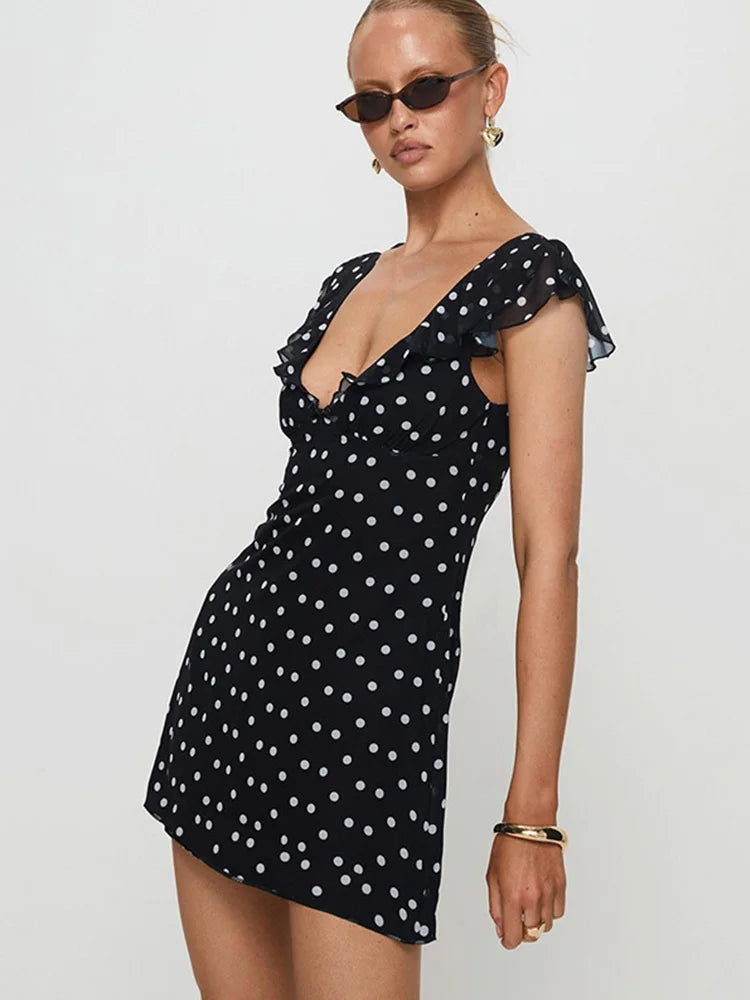 Women's French Style V-Neck Polka Dot Mini Dress A-Line Summer Sundress with Flying Sleeves for Holiday Fashion Outfit