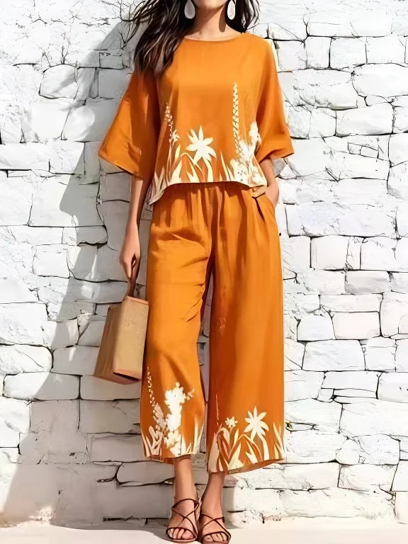 Women Floral Print Two Piece Set 3/4 Sleeve Top Wide Leg Pants Casual Vacation Matching Outfit