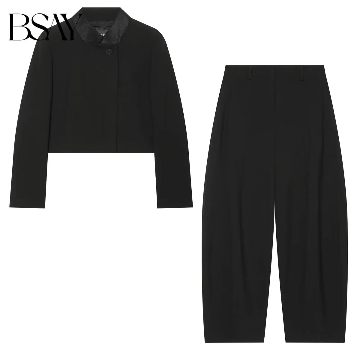 BSAY 2026 Autumn Office Women Stand Collar Cropped Blazer High Waist Pleated Balloon Trousers Long Sleeve Matching Two Piece Set