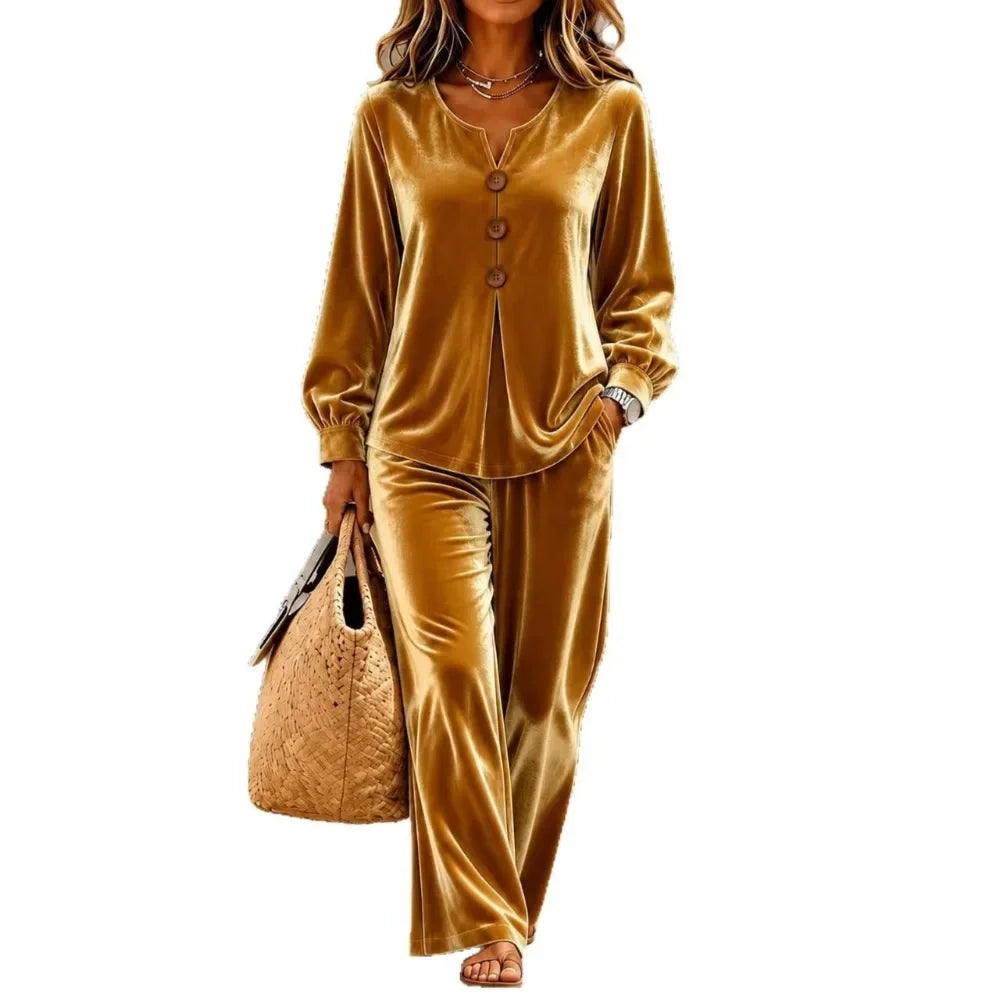 Women Velvet V Neck Long Sleeve Loose Pants Two Piece Set Casual Matching Set Ladies High Waist Soft Minimalist Chic Streetwear