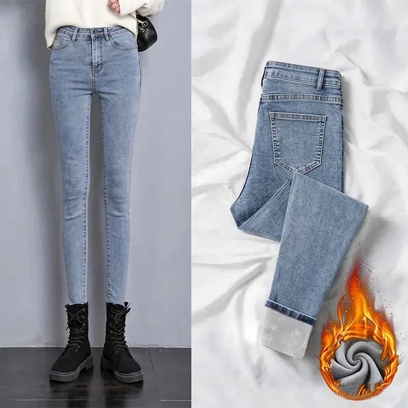 Winter Lady High Waist Thermal Plush Basic Jeans Girls Fashion Snow Warm Velvet Denim Trousers Female Straight Leg Casual Pants