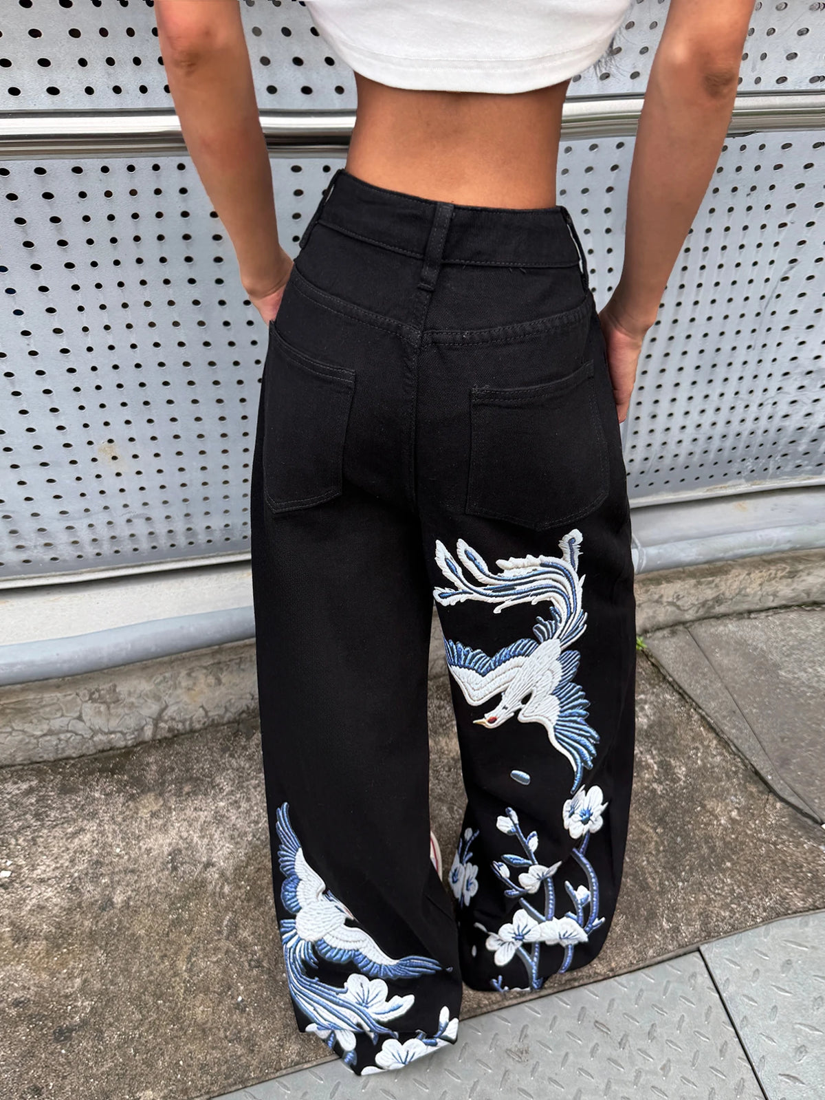 Jeans American Street Hot-Selling Women's Retro Washed Black Wide-Leg Jeans With Phoenix And Floral Niche Design Print High-Waist Baggy Y2K Spicy Girl Trousers