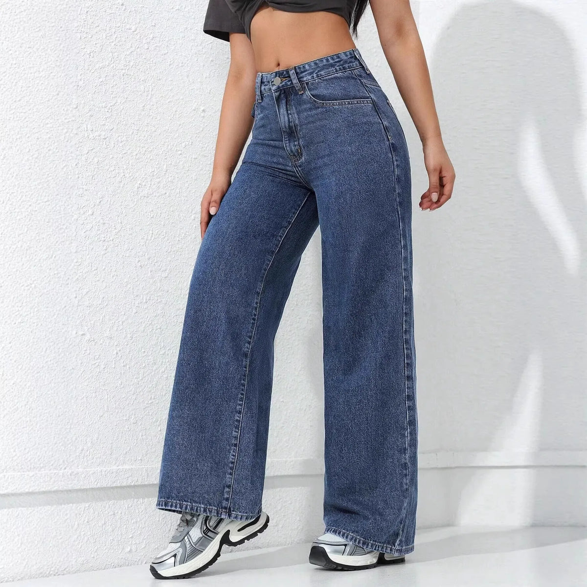 American Style Wide Leg Denim Jeans Women's Vintage Loose Slim Straight Floor-Length Casual High Waist Jeans