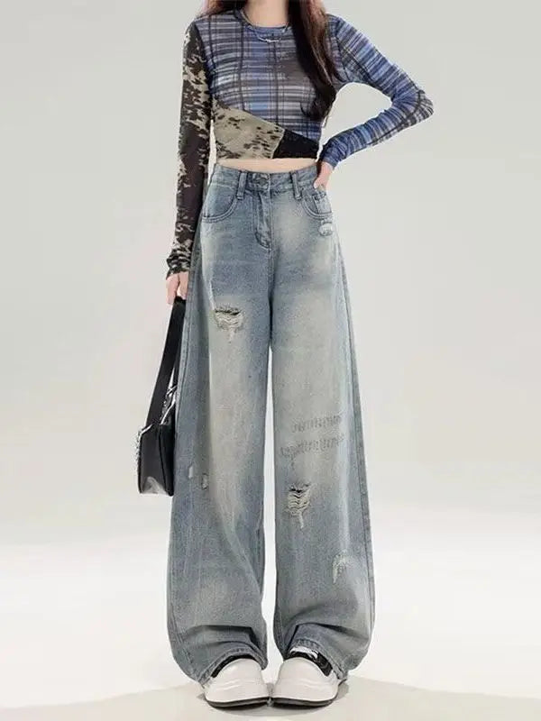 Retro American Washed Denim Jeans High Waist Loose Slim Straight Leg Wide Leg Long Pants Women Summer Style Casual Jeans
