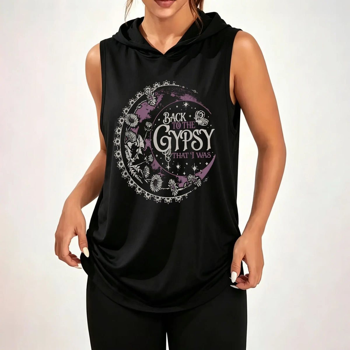 Women Sleeveless Hooded Tank Top, Boho Moon Floral Back To The Gypsy That I Was Letter Print Casual Hooded Sleeveless Tank Top ****