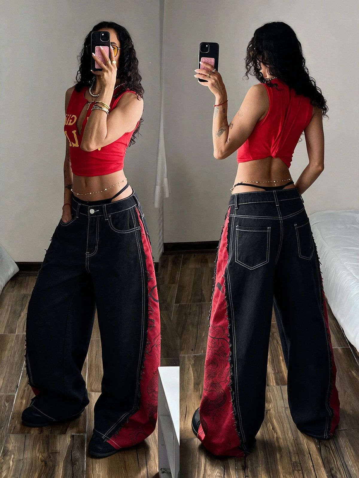 Jeans High Street Retro Black and Red Color-Blocked Print Design Black Baggy Jeans Y2K Street Fashion Versatile Women's Slimming Wide-Leg Pants