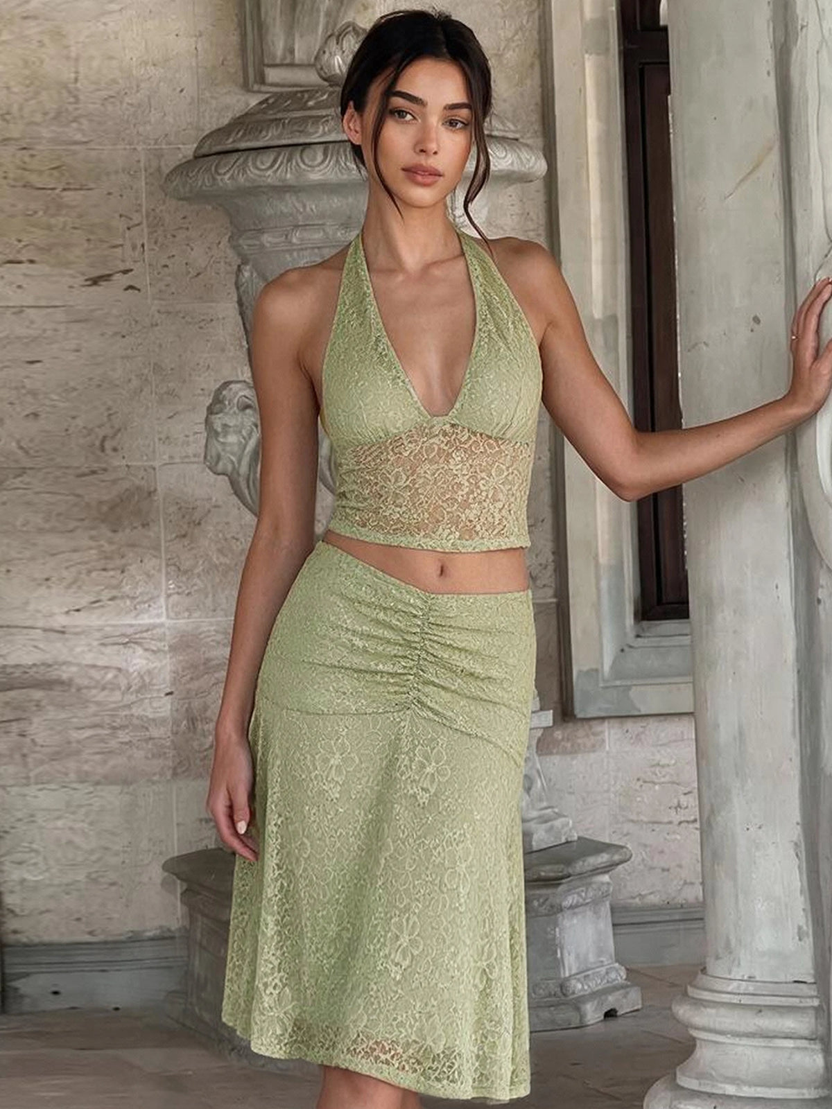 Dulzura Women'S Sexy Elegant Lace 2 Piece Skirt Set Halter Lace Up See Through Tank Top Ruched Slim Fit Midi Skirt Matching Set