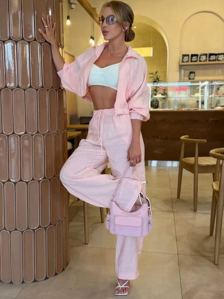 Women 2 Pieces Sets Summer Women's Suit Loose Thin Zip Up Crop Jacket & Wide Leg Pants Sets Female Casual In Matching Sets