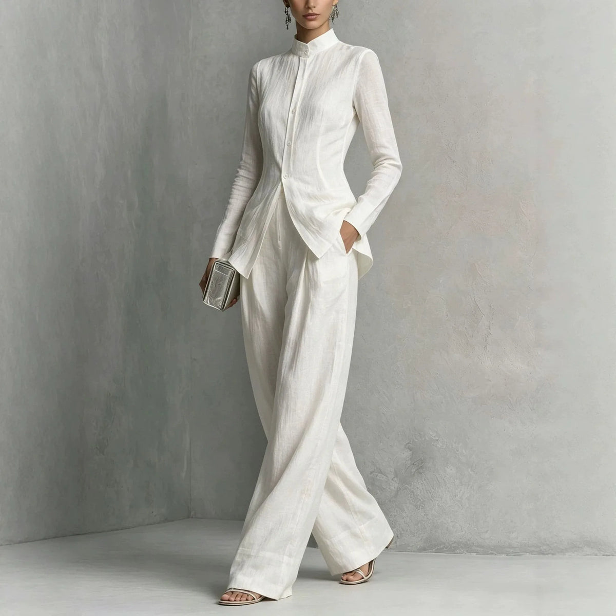 Women Linen 2 Piece Outfit Set Stand Collar Long Sleeve Slim Shirt High Waist Wide Leg Pants Elegant Office Business Suit