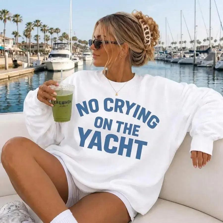 2026 Fashion New Women Crew Neck Pullover Sweatshirt, Oversized Loose Fit Retro Millennium Style, "No Crying On The Yacht" Lake Life Graphic Print, Cute Long Sleeve Tops for Summer Fall Daily Basic Top