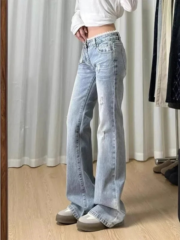 Low Waist Bell Bottom Lace Slimming Denim Jeans Women's Summer Fashionable Casual Straight Leg Blue Jeans High Waist