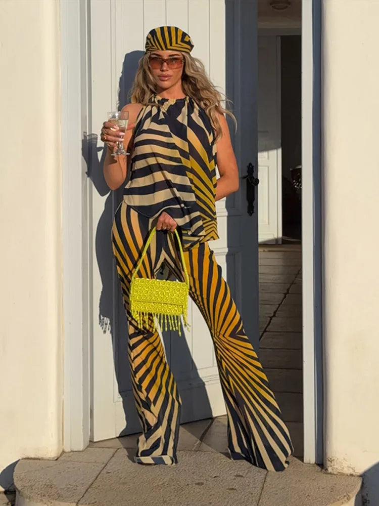 Sexy Striped 2 Piece Pants Sets Women Halter Sleeveless Backless Top Flared Pants Set 2026 Summer Vacation Beach Matching Outfit