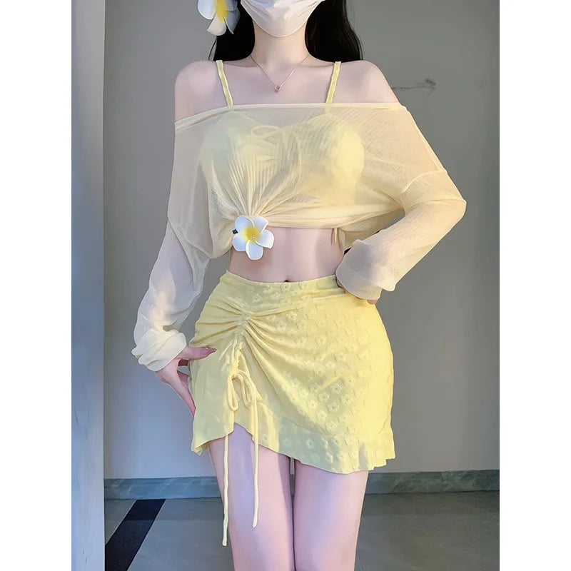 Sweet Girl Swimsuit Three Piece Bikini Long Sleeved Cover Up Skirt Style Spicy Girl Sexy Slimming Hot Spring Swimsuit
