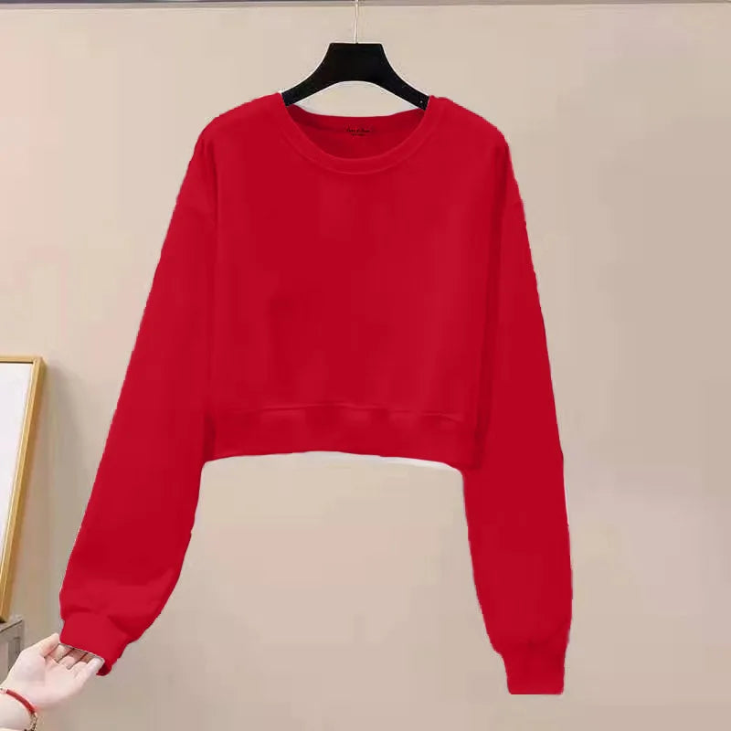 Sweatshirt Slimming High Waist Short Sweatshirt Women's Loose Casual Long Sleeve Hoodie round Neck Thin Top Female Fashion Autumn Wear