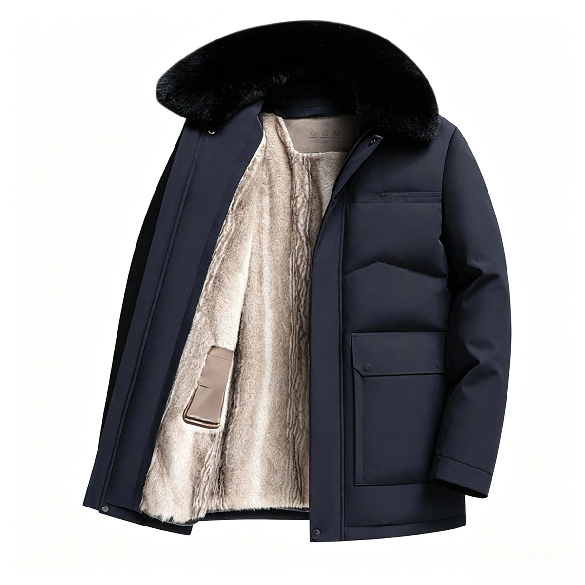 Men Mid Length Thicken Jacket Detachable Fur Hood Warm Coat Business Style for Middle Aged Dad Outdoor Parka