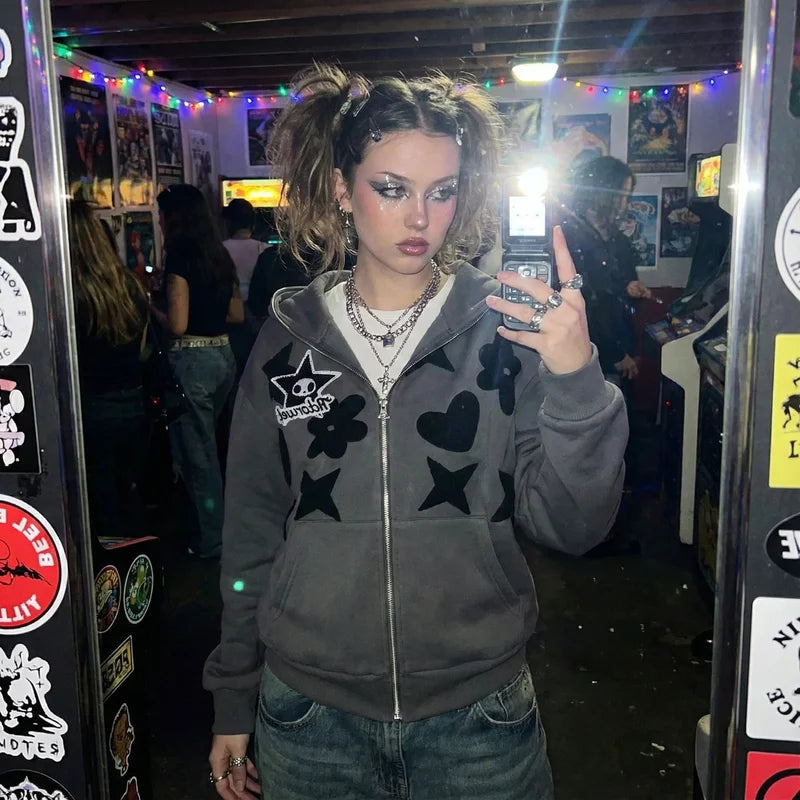 Hoodies Women Y2k Women Retro Embroidery Hoodies Autumn Winter Zip Up Long Sleeve Loose Jacket Coats Y2k Harajuku Casual P