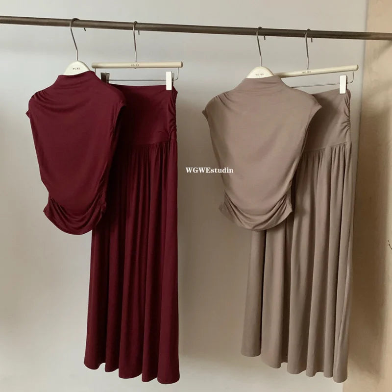 Elegant Women's Two-Piece Set Elastic Slim Fit Sleeveless T-Shirt Top Long Dress Casual Style Spring Summer Fashion Ensemble