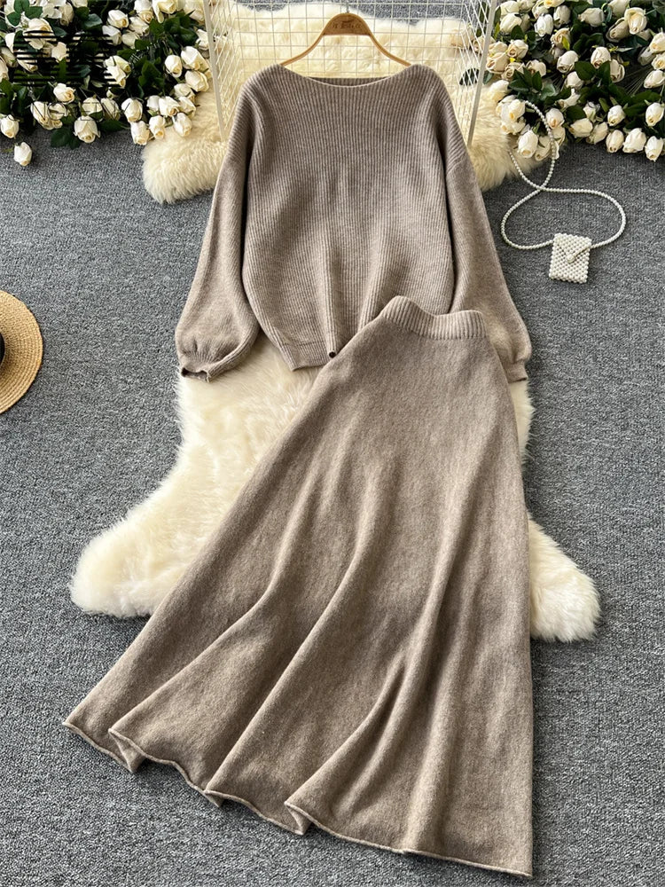 SINGREINY Gentle Korean 2pcs Suits Women Autumn Winter Loose Sweater+Elastic Waist Skirt Ladies Basics Knitting Two Pieces Sets