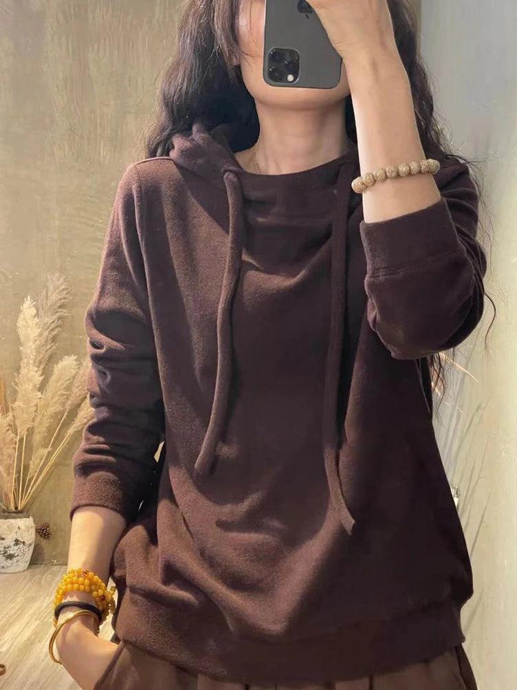 Brown Warm Tech Fleece Hoodie Sweatshirts Long Sleeve Middle-Age Casual Loose Basic Hoodies Autumn Winter Outwear Tops