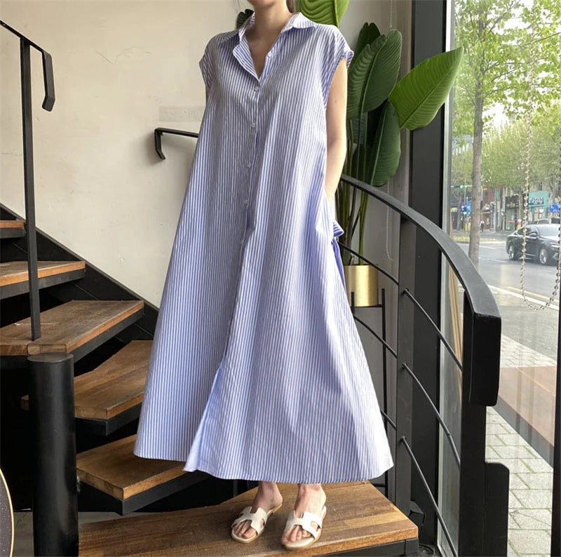 Women's Summer Striped Tie Waist Slim Fit Midi Sleeveless Shirt Dress Casual Office Lady Elegant With Pockets Dress DR1970