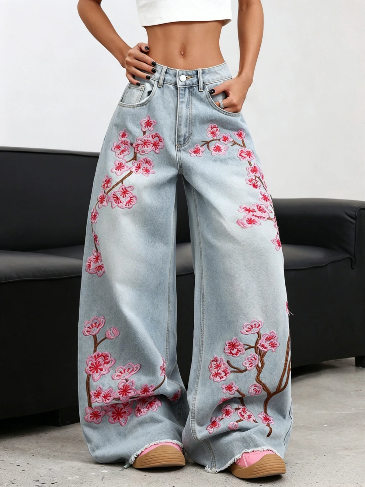 ·American Retro Plum Blossom Embroidery Design Blue Women's Loose Wide-Leg Jeans Y2K Street Fashion Versatile Straight Trousers