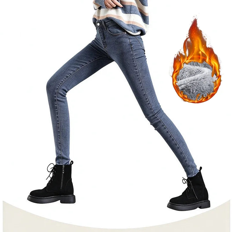 2026 Winter Girls High Waist Thermal Plush Jeans Lady Thin Snow Warm Fleece Denim Trousers Women Solid Straight Leg Pants