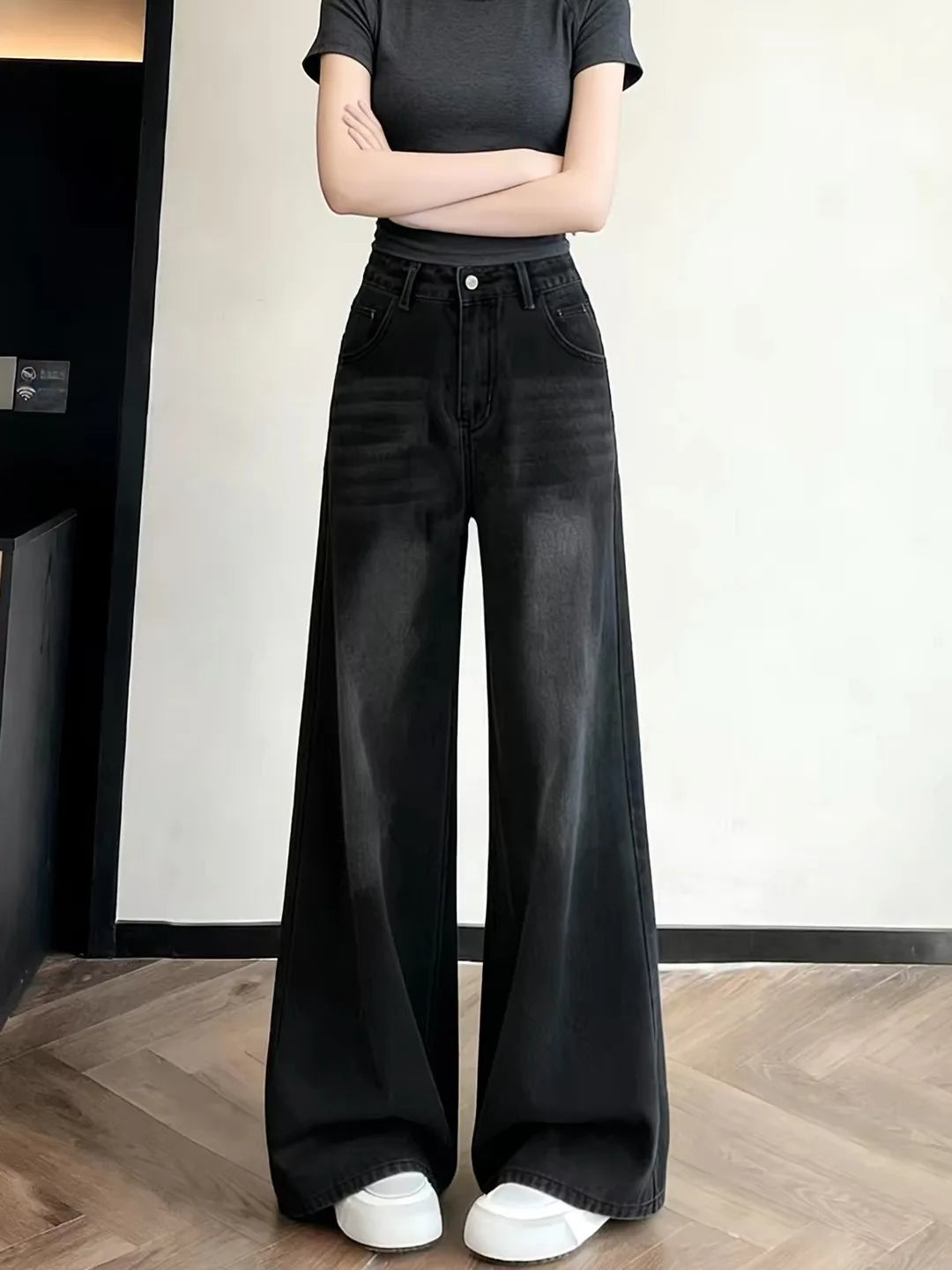 Jeans High Waist Straight Leg Denim Jeans plus Size Vintage Black Women's Fashion Autumn Loose Slimming Wide Leg Pants