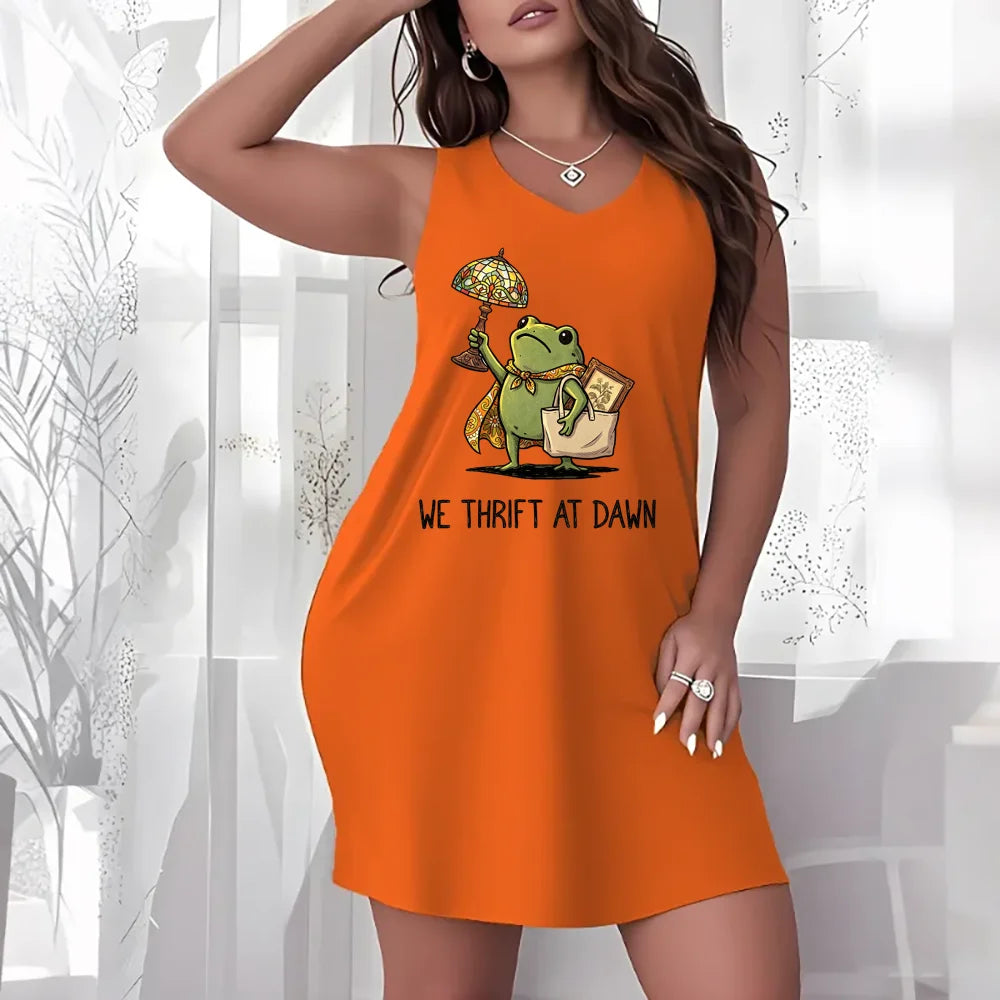 Casual Dress Women Sleeveless Crew Neck Dress Funny Frog We Thrift At Dawn Slogan Print Loose Casual Dress Home Loungewear Sleeveless Dress