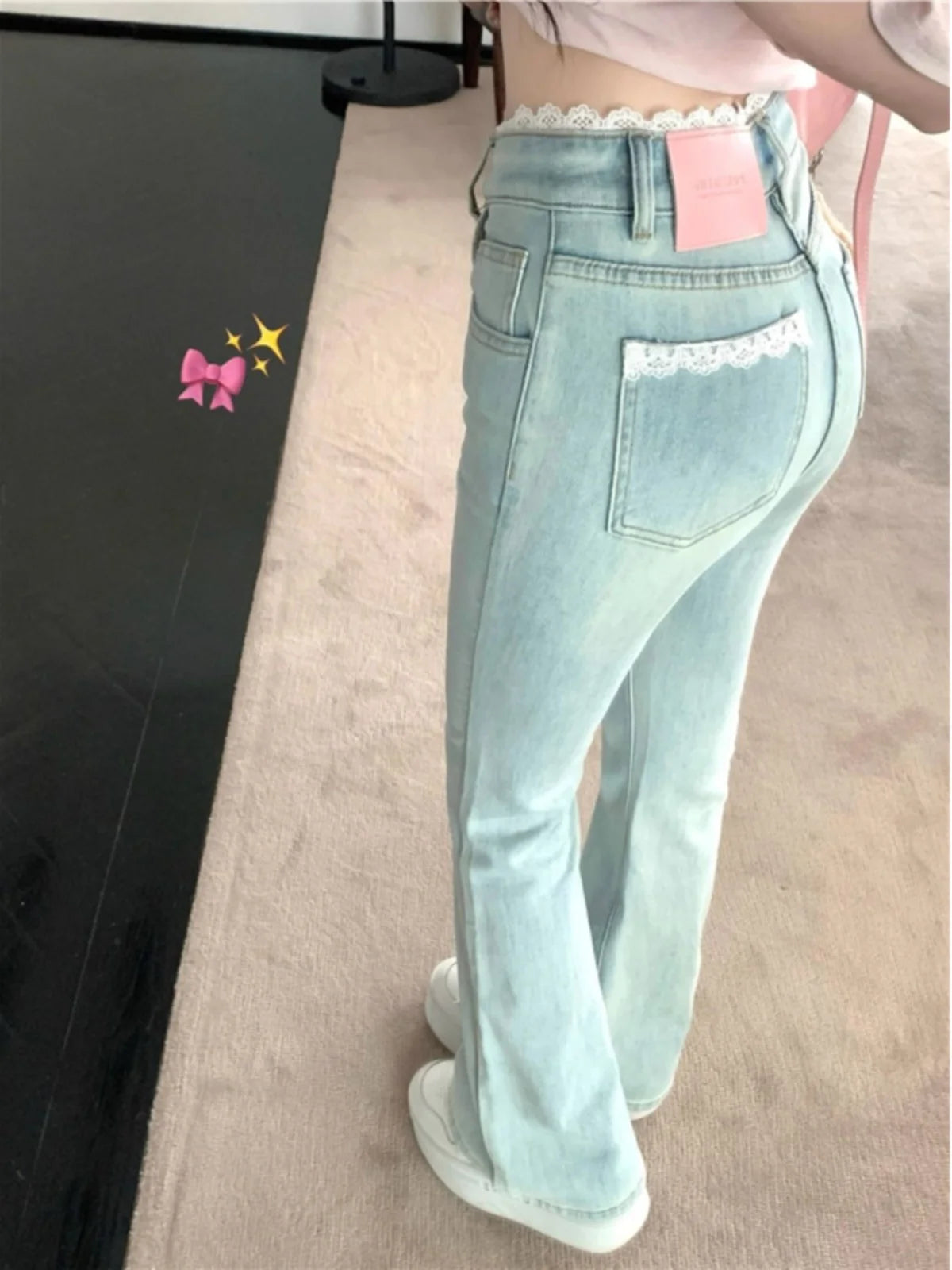 Elastic Lace Splice High Waist Bell Bottom Jeans Women's 2026 Light Color Slimming Butt Lifting Bell Pants