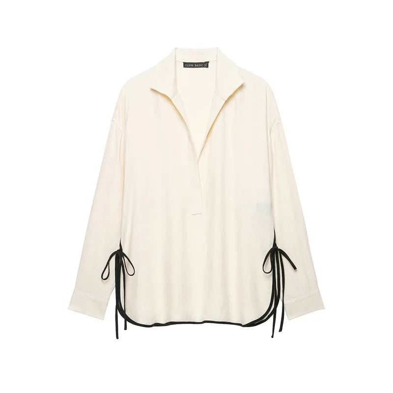 Loose Shirt Top And Pants Set with Lace-Up Details Women's Fashion Ensemble Long Sleeve Summer Outfit Two-Piece Suit