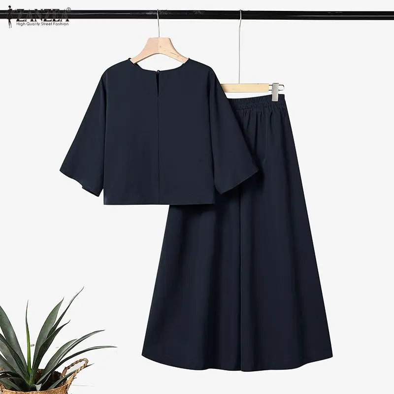 Women Pant Sets Boat Neck 3/4 Sleeve Crop Top & Wide Leg Pant 2-Piece Matching Sets ZANZEA Minimalist Elegant OL Work Co-ords