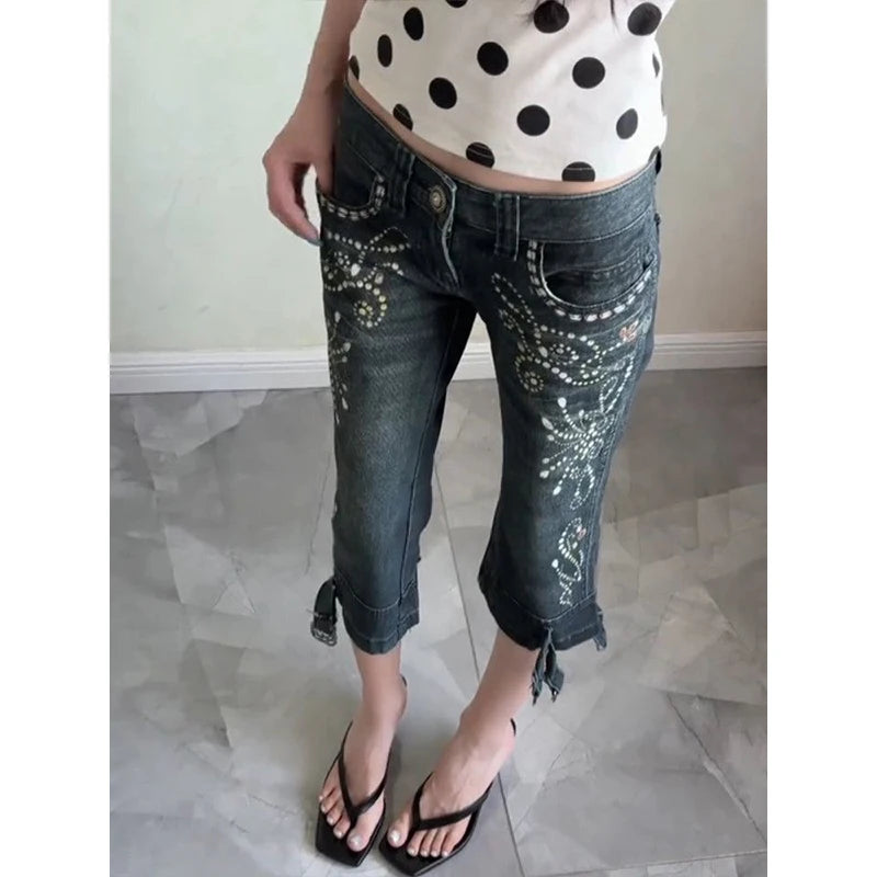 Low Waist Bell Bottom Seven Inch Pants Women's Summer Slim Fit Casual Jeans Retro Gem Print Street Style plus Size