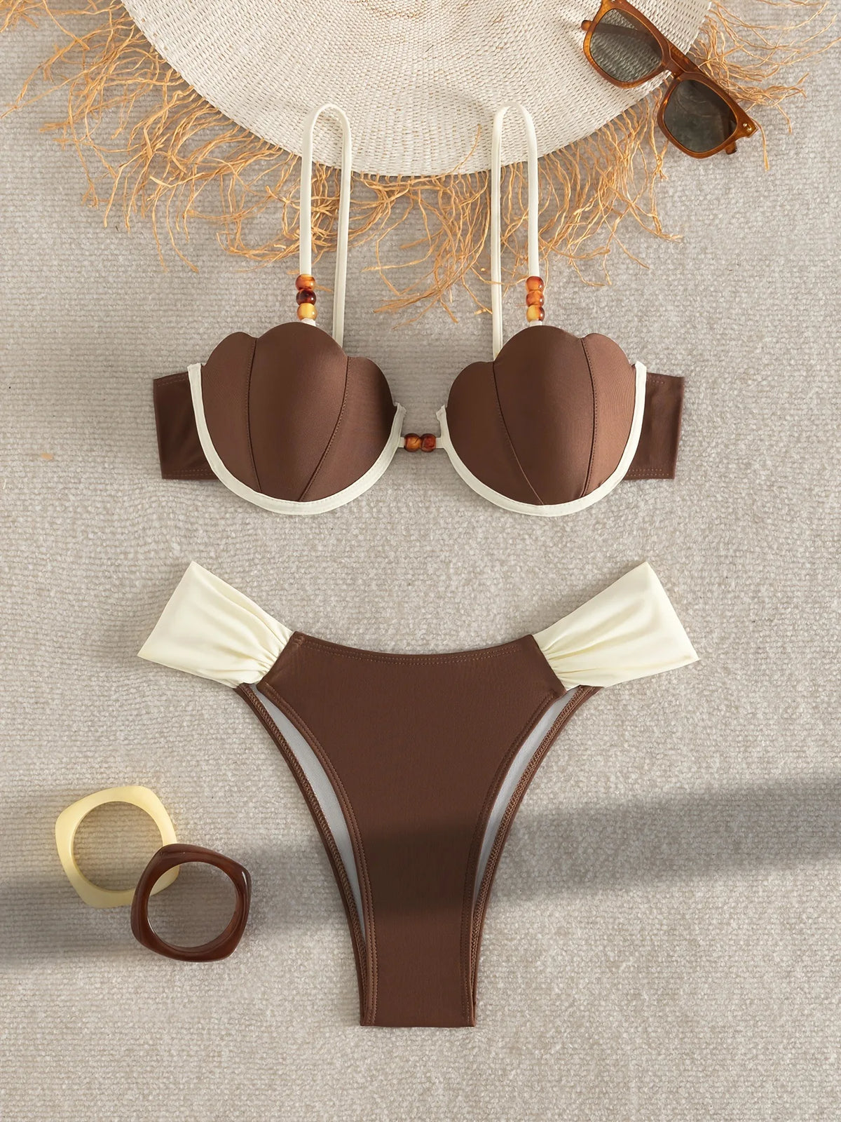 Sexy Coffee Contrast Ruffles Thong Bikini Set Women Hollow Out Push Up Underwire Bra Swimwear 2027 Summer Bathing Suit Swimsuit