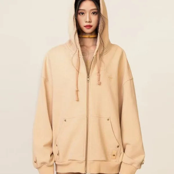Classic Zip Hoodie Metal Rivet Loose Hooded Sweater Jacket