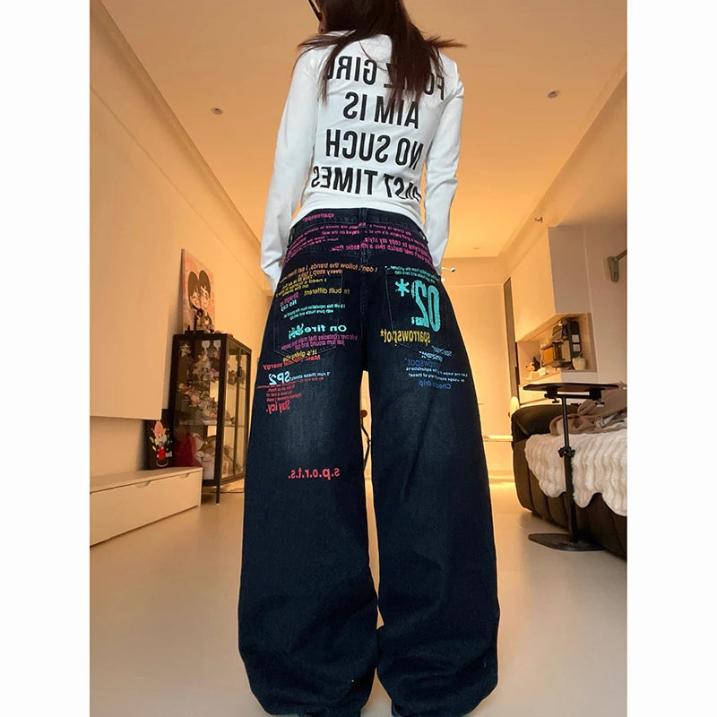 ZHIZOU Women Blue Gothic Y2k Oversize Jeans Harajuku Vintage Wide Leg Denim Trousers Aesthetic 2000s Style Boyfriend Jeans Pants
