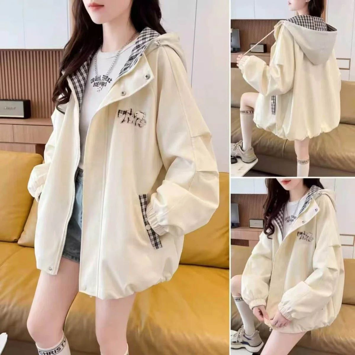 Korean Ladies Long Sleeves Casual Coat Spring Autumn Women Grid Patchwork Loose Top Outwear Female Fashion Hoodies Zipper Jacket