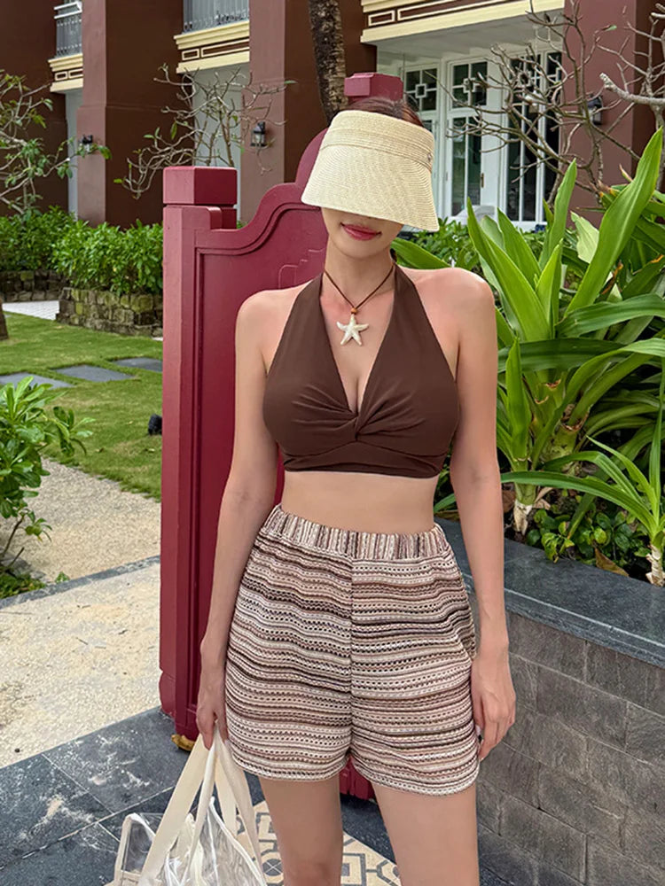 Circyy Three-pieces Swimwear Women Bikinis Set Neck-mounted Shorts Cover-Ups Bathing Suit Korean Sexy Swimsuit Beach Bikinis Set