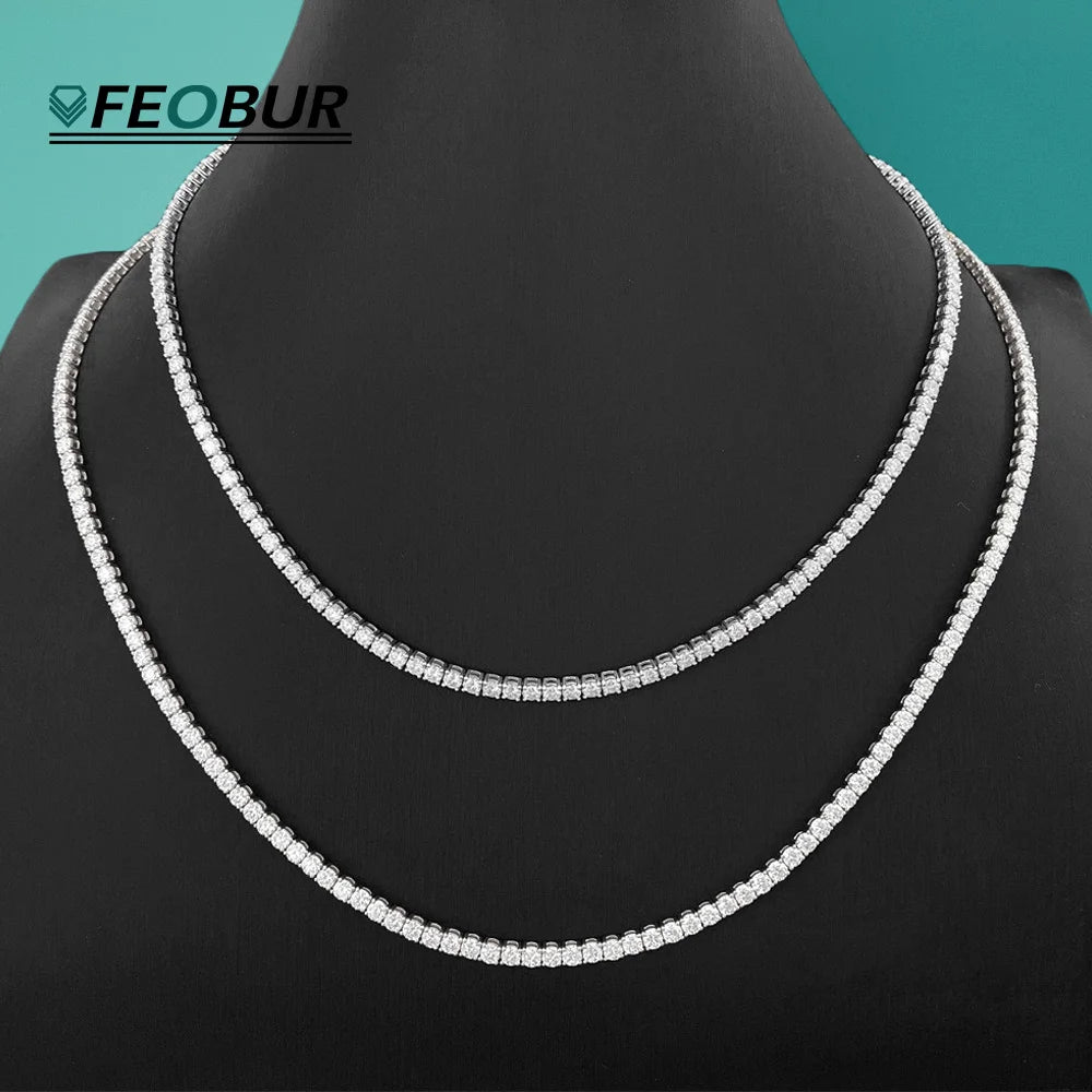 FEOBUR 2mm 2.5mm Real Moissanite Tennis Necklace for Women S925 Sterling Silver Full Diamond Choker GRA Certified Jewelry Gift